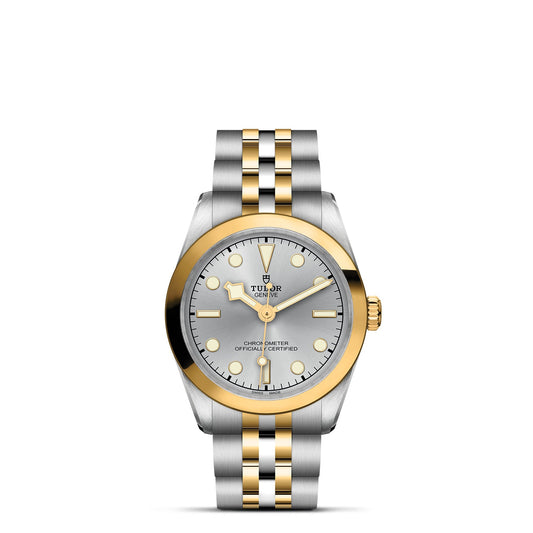 The TUDOR Black Bay One 31 S&G wristwatch features a steel and yellow gold bracelet reminiscent of TUDOR divers’ watches. Its round face with a light dial, gold hour markers, and hands echoes the Black Bay series' elegance, while the gold bezel and crown contrast beautifully with the band.