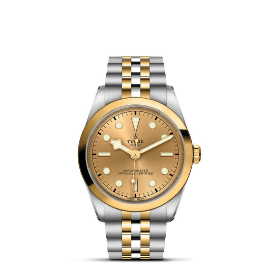 The TUDOR Black Bay One 36 S&G is a gold and silver wristwatch featuring a 36mm steel case, champagne dial, two-tone band, luminous markers, three-hand mechanism, and the "Chronometer Officially Certified" label alongside the iconic TUDOR logo.