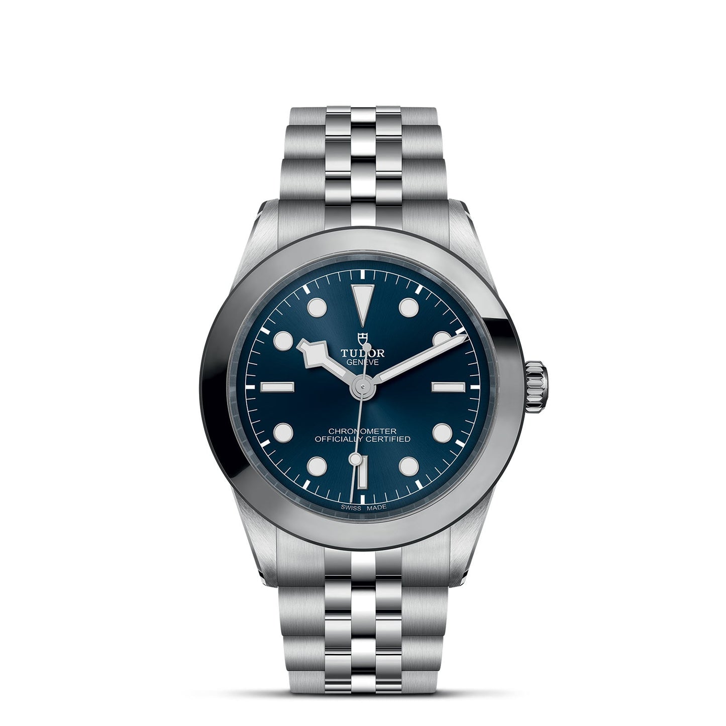 The TUDOR Black Bay 39 wristwatch features a silver case with a blue face, showcasing white hour markers and hands. The watch is paired with a steel bracelet that combines classic elegance with a modern style, presented against a plain white background.