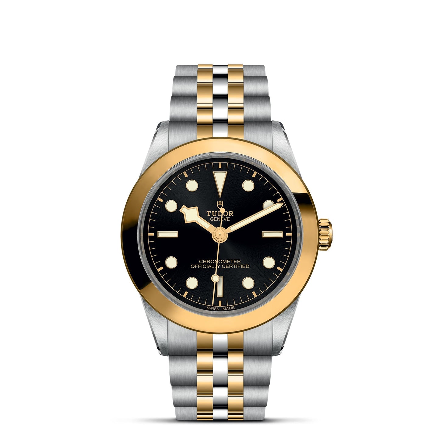 Introducing the TUDOR Black Bay 39 S&G, a luxury wristwatch featuring a steel and yellow gold bracelet. Its round black dial is adorned with gold hour markers and hands, capturing the elegance characteristic of Black Bay models. The brand's iconic logo and "Chronometer Officially Certified" label are prominently displayed on the dial, reminiscent of TUDOR divers’ watches.