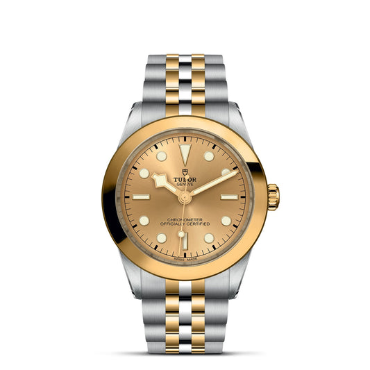 The TUDOR Black Bay One 39 S&G features a 39mm steel case with a gold and silver design. Its round golden dial, gold hour markers, and mixed finishes evoke the classic elegance of TUDOR divers’ watches.