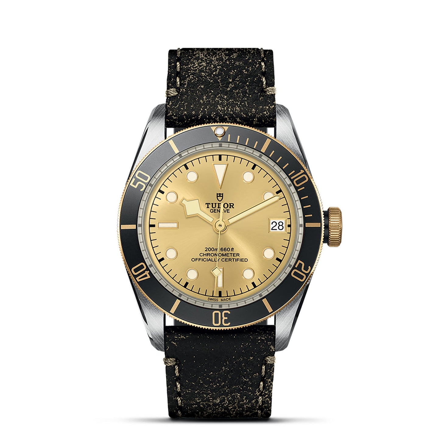 Indulge in sophistication with the TUDOR Black Bay S&G, a luxury wristwatch that showcases a gold dial complemented by a black bezel, characteristic of the renowned Black Bay series. It features gold hour markers and hands, along with a black leather strap adorned with textured detailing. The date is conveniently displayed at the 3 o'clock position.