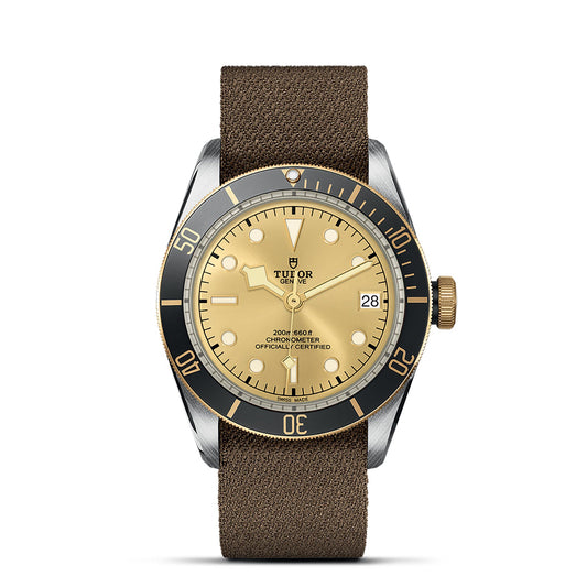 Introducing the TUDOR Black Bay S&G, a luxury wristwatch from TUDOR. This exquisite timepiece showcases a gold dial accented with black, complemented by a steel and gold bezel and matching hour markers. It features a date display at the 3 o'clock position and comes with a brown fabric strap. The watch proudly displays the "Tudor" brand and includes detailed specifications on its dial.