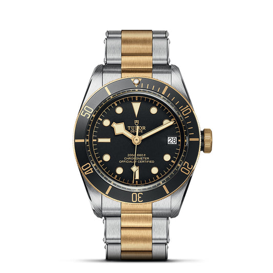 The TUDOR Black Bay S&G, inspired by TUDOR divers' watches, showcases silver and gold links with a captivating black dial and gold accents. It includes luminous watch hands, a date window, and a round bezel. The sophisticated crown is finished in gleaming gold.