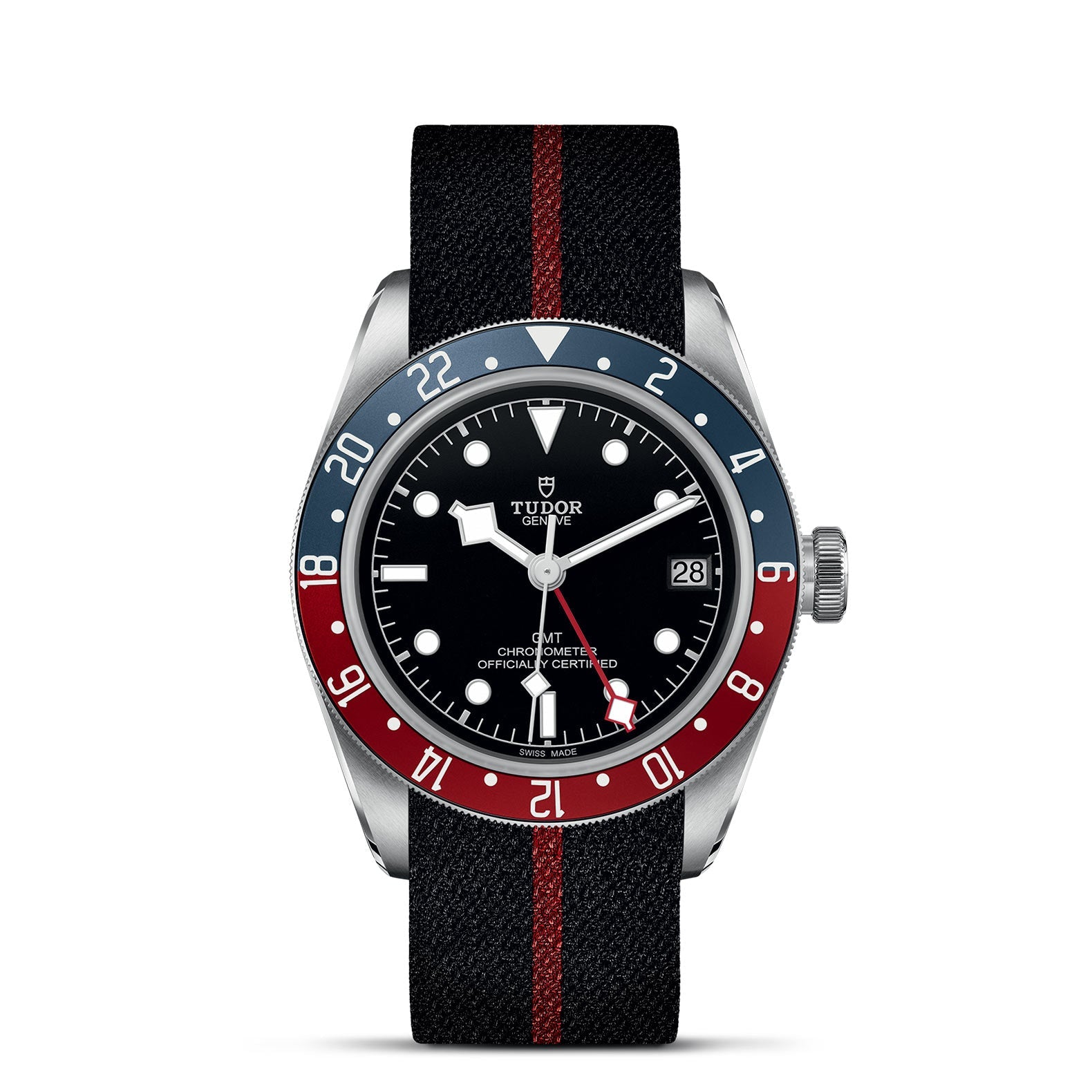 Discover timeless elegance with the TUDOR Black Bay GMT luxury wristwatch. It boasts a black dial encased in silver, complemented by a striking fabric strap with a red stripe and a blue and red rotatable bezel. The watch is enhanced by white hour markers and a date display at 3 o'clock, underscoring its sophisticated appeal.