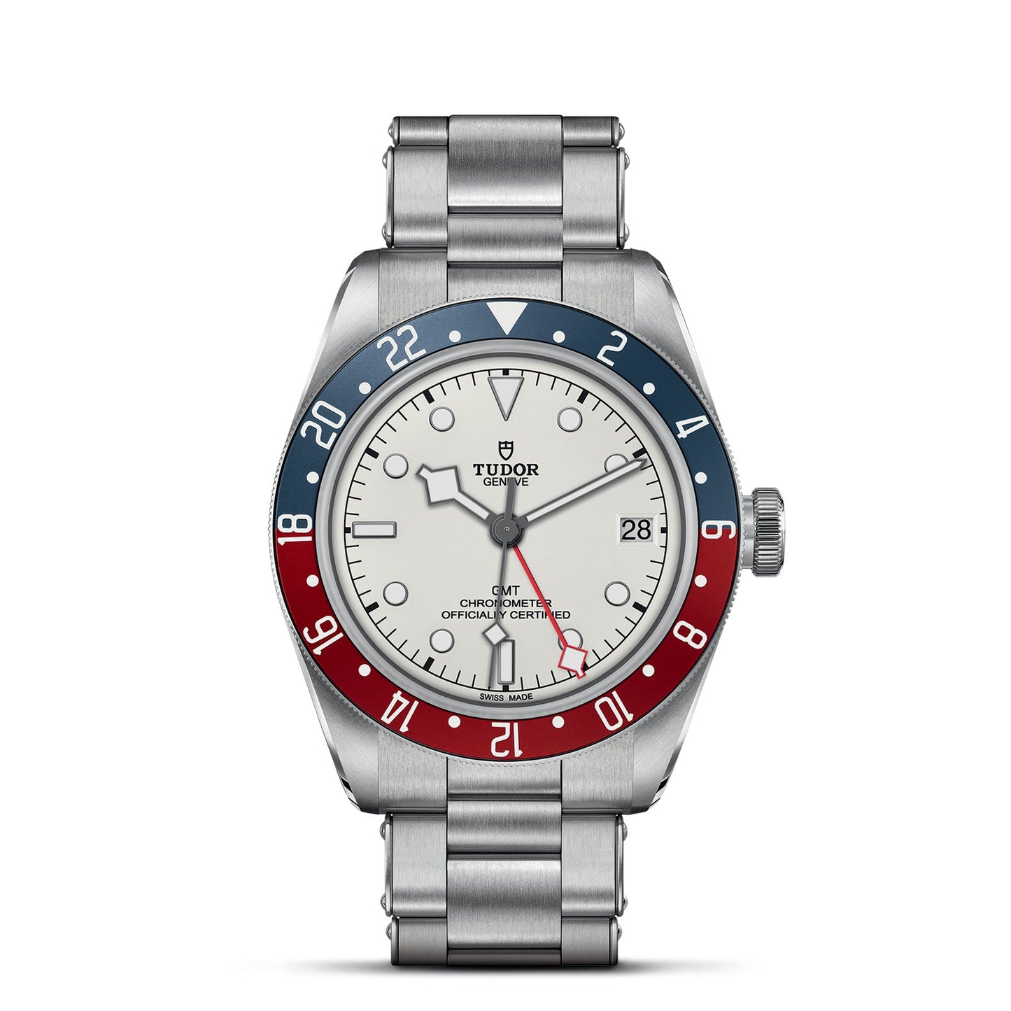 The TUDOR Black Bay GMT is a silver timepiece that features a blue and red rotatable bezel, a white face, and a metal link band. It elegantly displays the date at 3 o'clock and is equipped with hour, minute, second, and 24-hour hands for effortless multiple time-zone functionality.