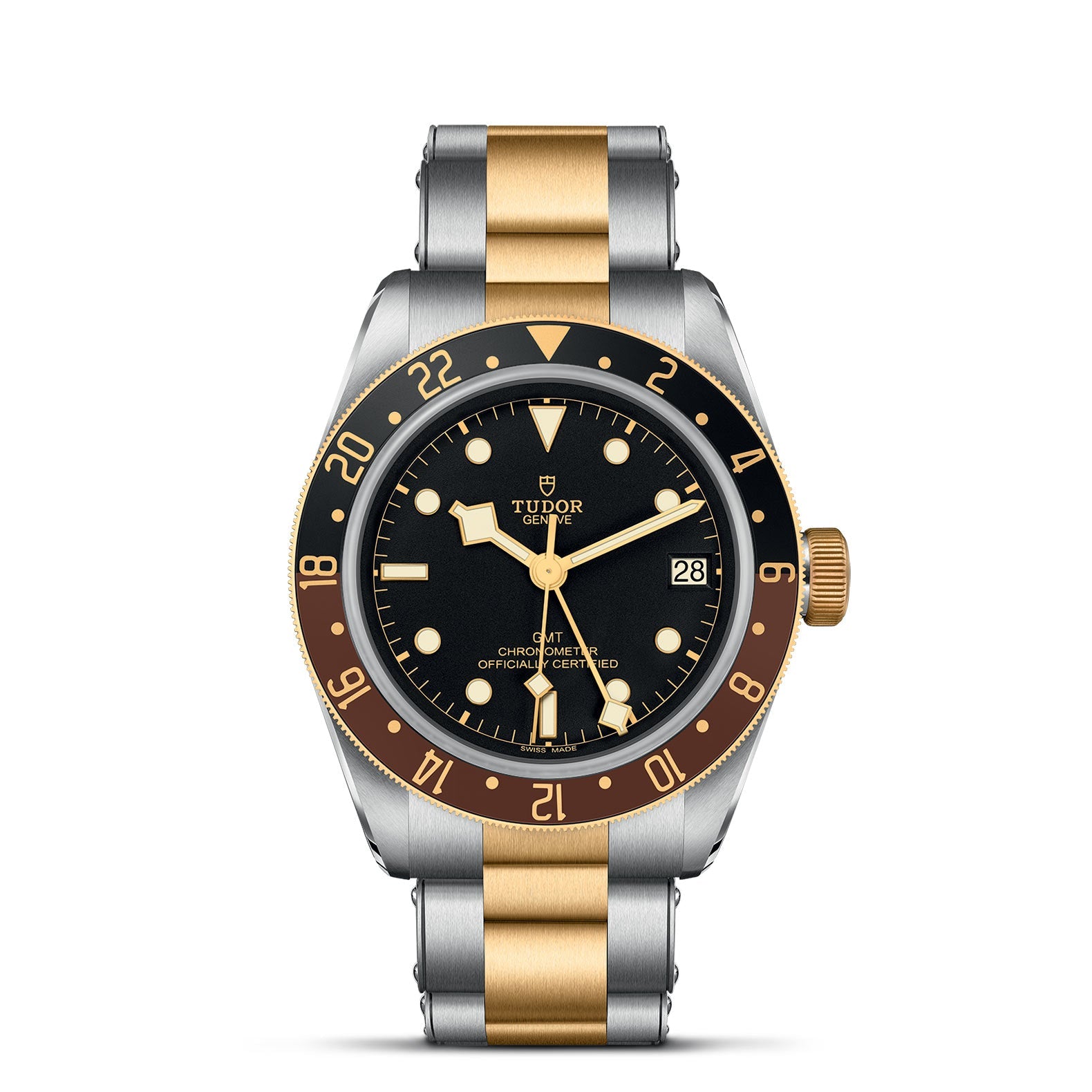The TUDOR Black Bay GMT S&G watch features a striking silver and gold design with a black dial accentuated by a refined gold bezel and an elegant silver-and-gold strap. It includes hour markers, three hands, and a date window positioned at 3 o'clock. The dial is gracefully adorned with the TUDOR brand name and "Chronometer Officially Certified.