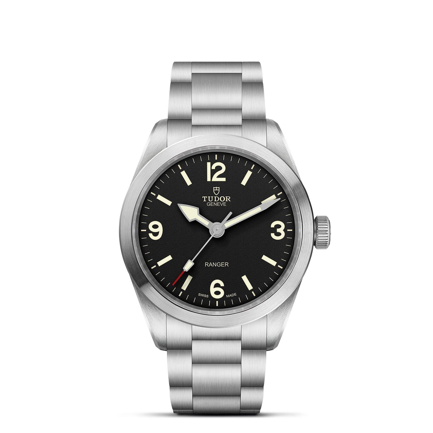 The TUDOR Ranger, part of the TUDOR collection, is a stainless steel tool watch with a black dial featuring luminous indices. It includes large Arabic numerals at the 3, 6, 9, and 12 o'clock positions, a red-tipped seconds hand, and a brushed metal bracelet.