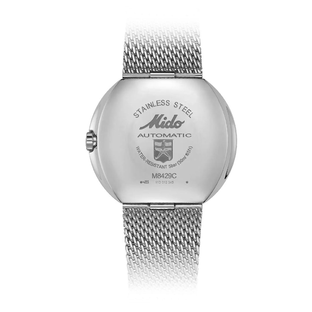 The back of the MIDO Commander Pixel Automatic 37mm Watch features a stainless steel mesh band, engraved details, automatic movement info, the MIDO logo, water resistance specs, model number M8429C, and more.