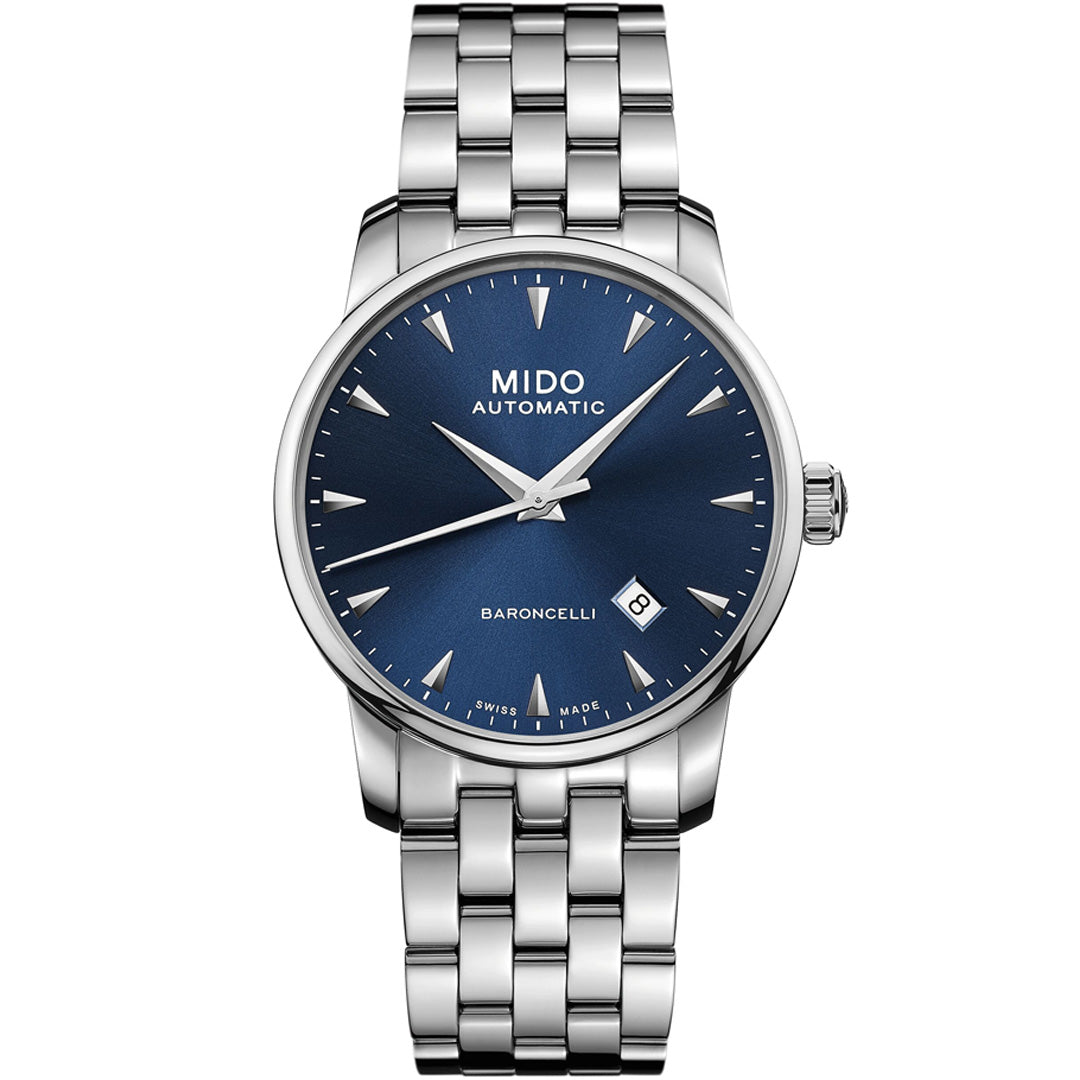 The MIDO Baroncelli II Gent Automatic 38mm watch features a blue dial, silver hour markers, date at 3 o'clock, Caliber 80 movement, and a silver stainless steel bracelet.