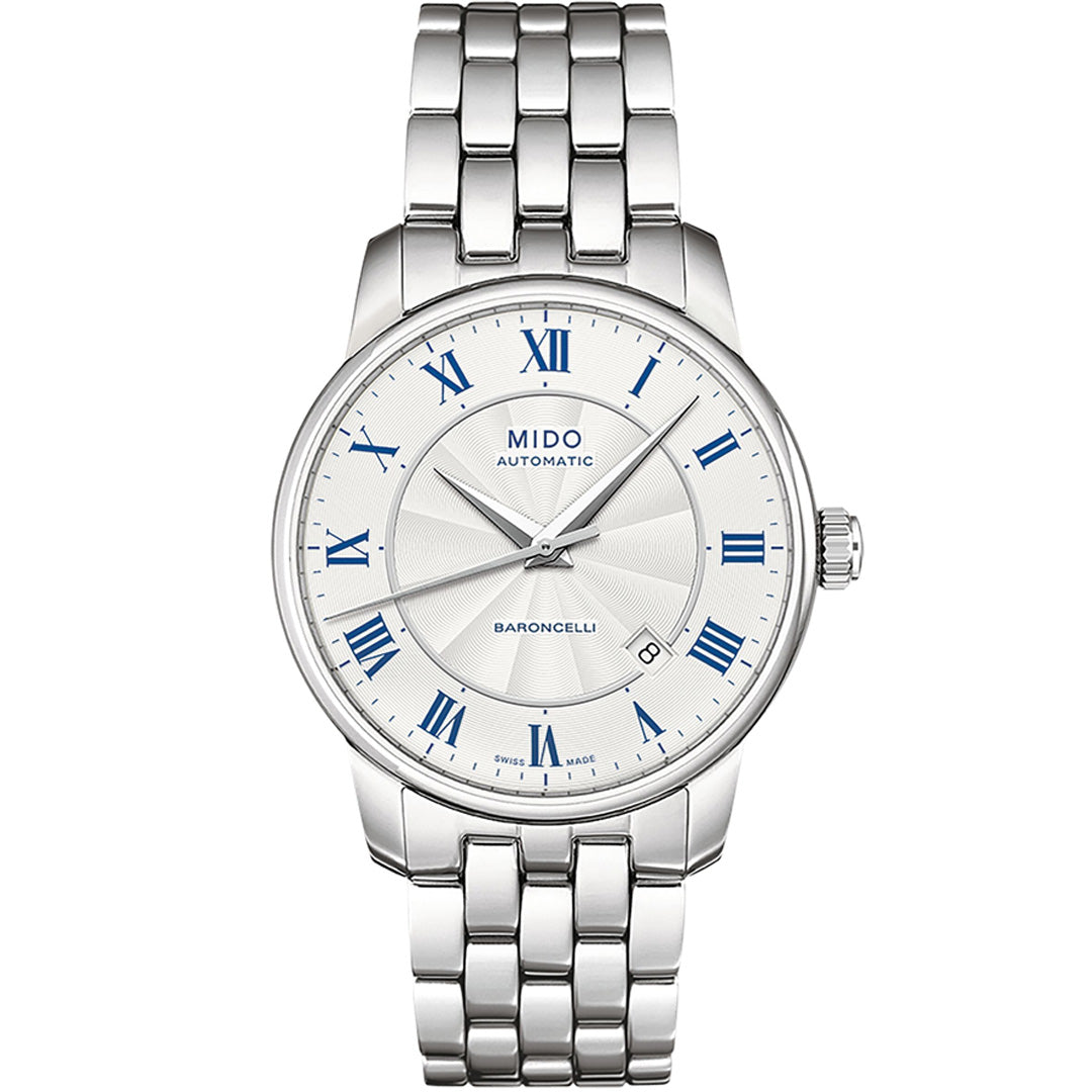 The MIDO Baroncelli II Gent Automatic 38mm watch features a silver metal bracelet, white dial, blue Roman numeral markers, and a date window at 3 o’clock—a refined Swiss timepiece for those who value classic style.