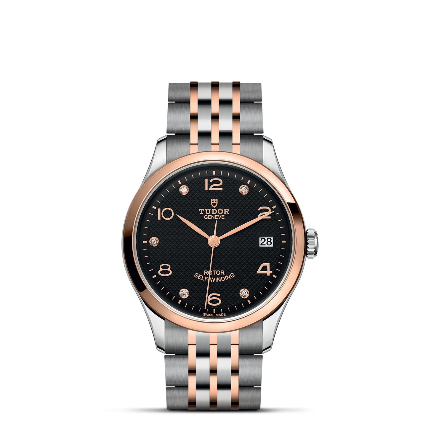 The TUDOR 1926 luxury wristwatch showcases a round dial adorned with black diamonds and complemented by rose gold hour markers and a date display. Its stainless steel bracelet is accented with rose gold, elegantly featuring the TUDOR brand name and highlighting its renowned self-winding mechanical feature.