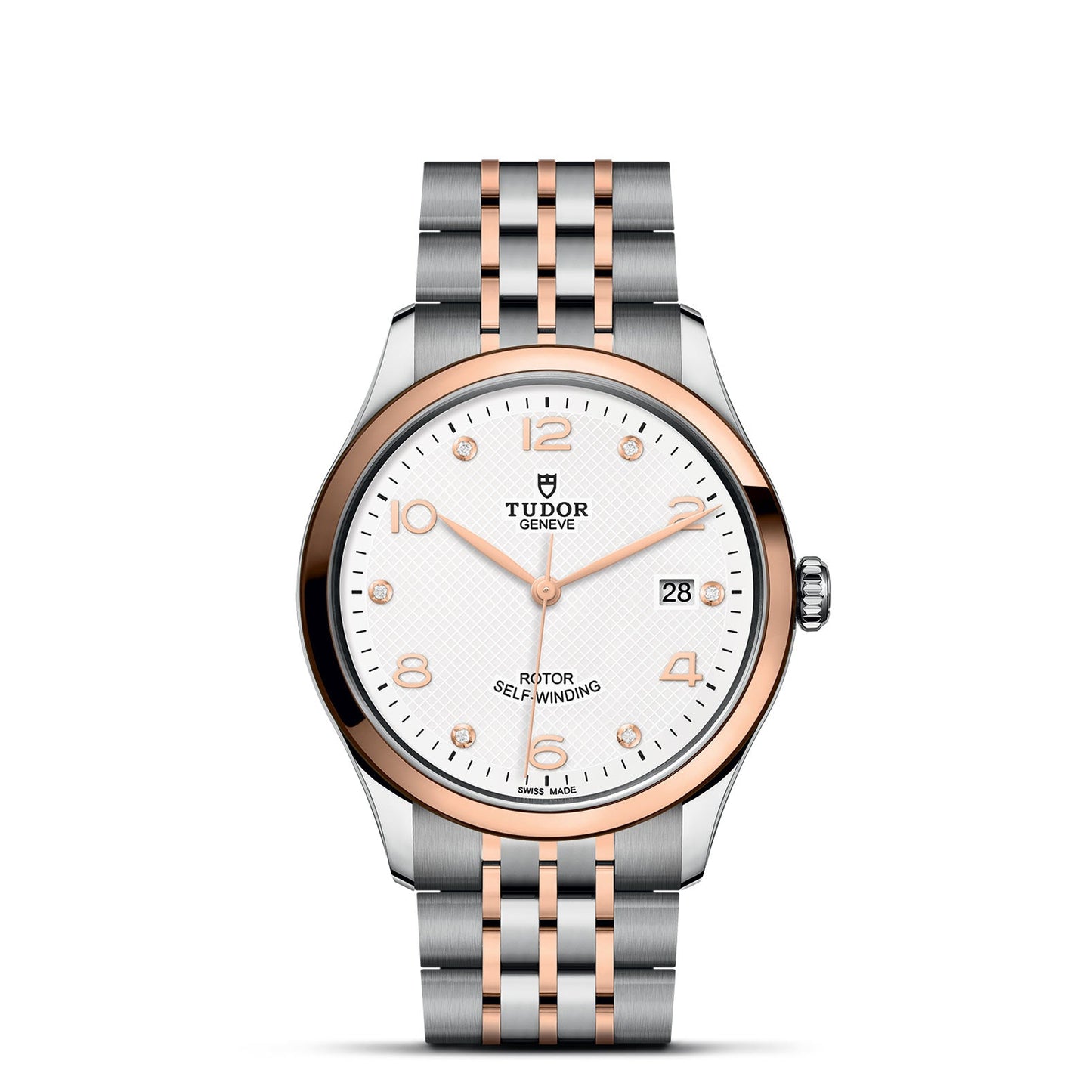 The TUDOR 1926 wristwatch by TUDOR showcases a silver and rose gold two-tone metal band. It has a white dial, rose gold hour markers, and includes a date window at the 3 o'clock position. The iconic Tudor logo and "Rotor Self-Winding" are prominently displayed on the face.