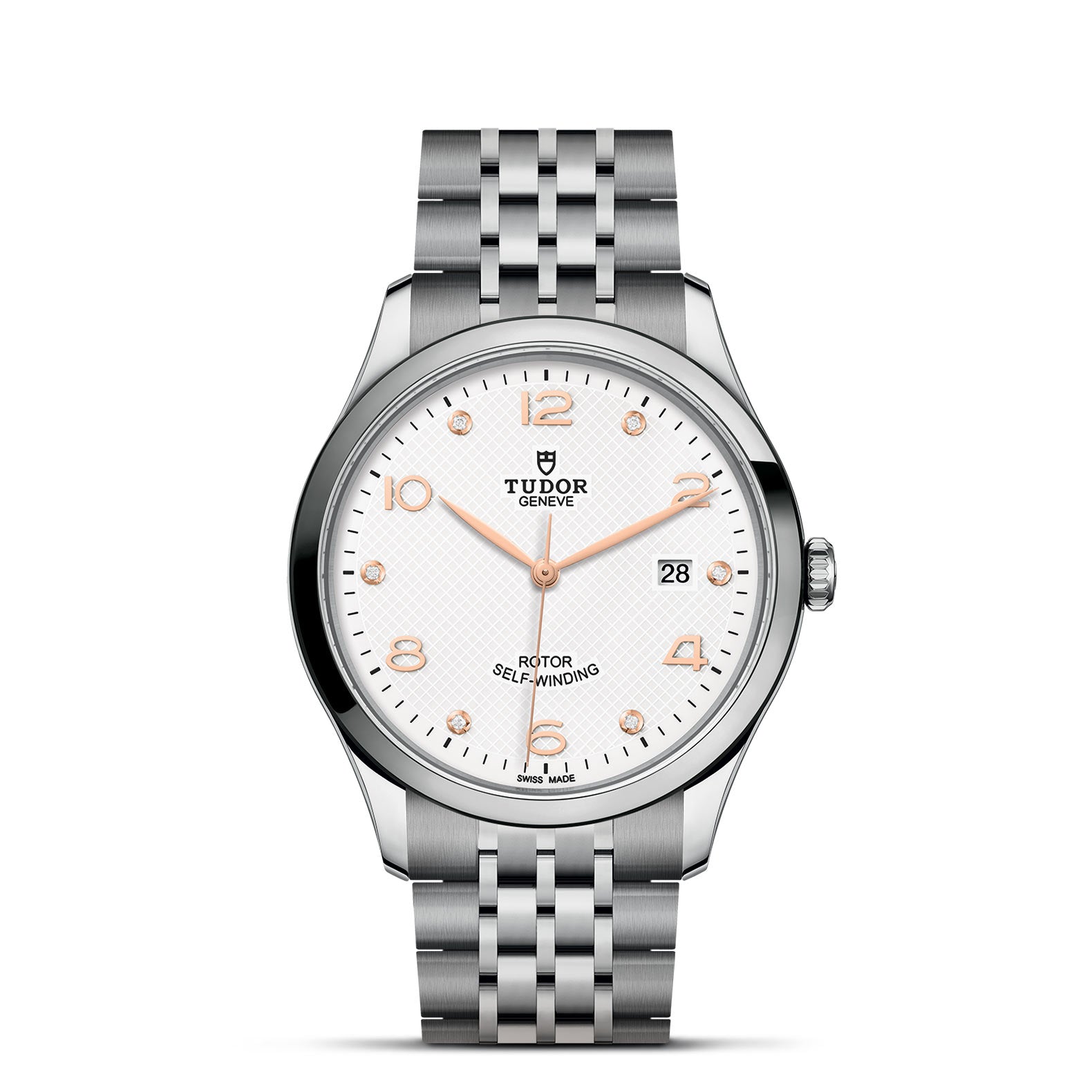 Experience the sophistication of the TUDOR 1926 collection with this exquisite wristwatch. It boasts a silver metal bracelet, a white dial accentuated by rose gold hour markers, and a discreet date display. The face is elegantly marked with "Tudor Geneva" and "Rotor Self-Winding", exemplifying enduring artistry in mechanical timepieces.