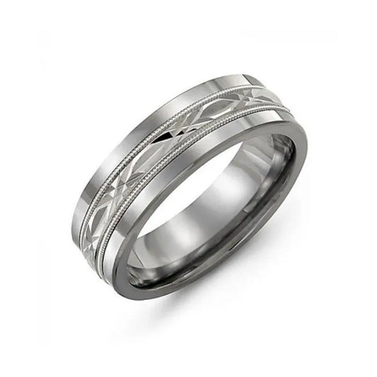 Introducing the Madani Classic Tungsten and 10K White Gold Wedding Band by Madani – a stunning piece featuring intricate geometric designs with a polished finish. This elegant band showcases two smooth borders framing a detailed central pattern, achieving a timeless diamond cut look that exudes modern sophistication.