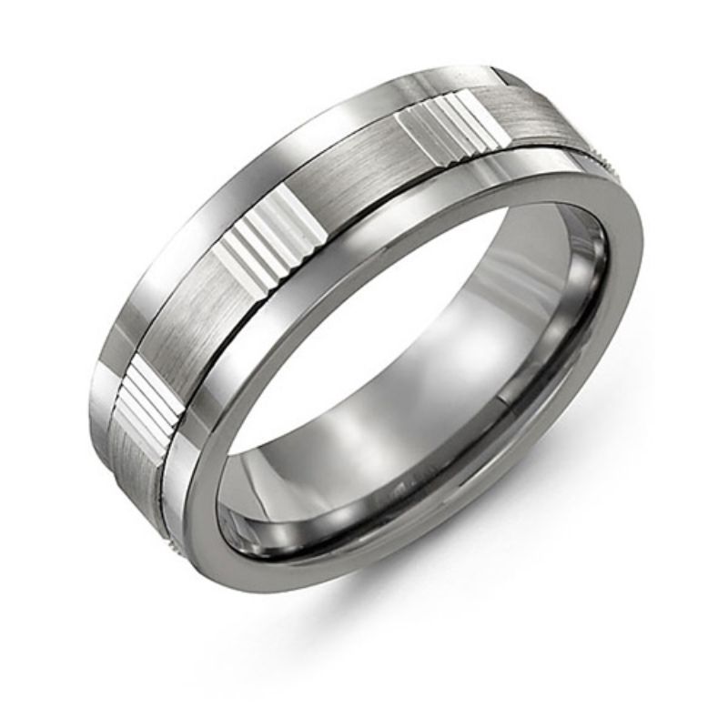 A Madani tungsten wedding band with a grooved pattern and a satin diamond cut finish, featuring an angled perspective.