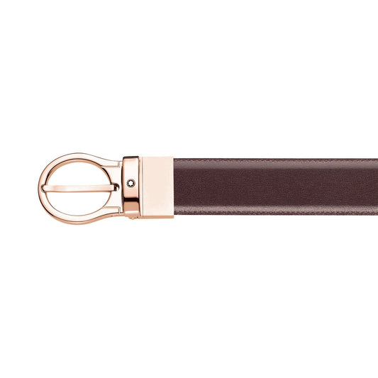 Montblanc's reversible black and brown leather belt features an oval shiny rose-gold finish pin buckle, displayed on a white background.