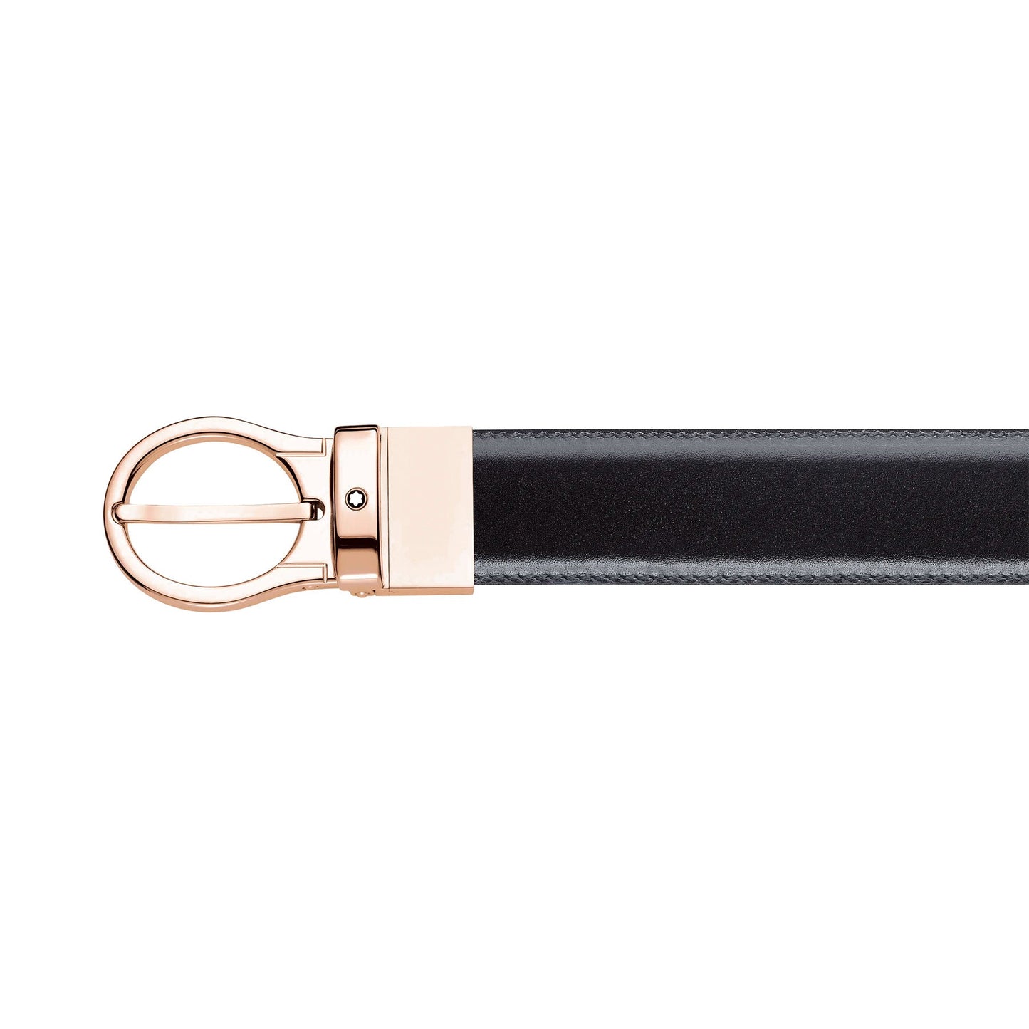 Introducing the Montblanc Reversible Black/Brown Leather Belt, featuring an oval pin buckle with a shiny rose-gold finish. The belt beautifully blends smooth and textured leather for a stylish and sophisticated look, adding a touch of elegance to your ensemble.