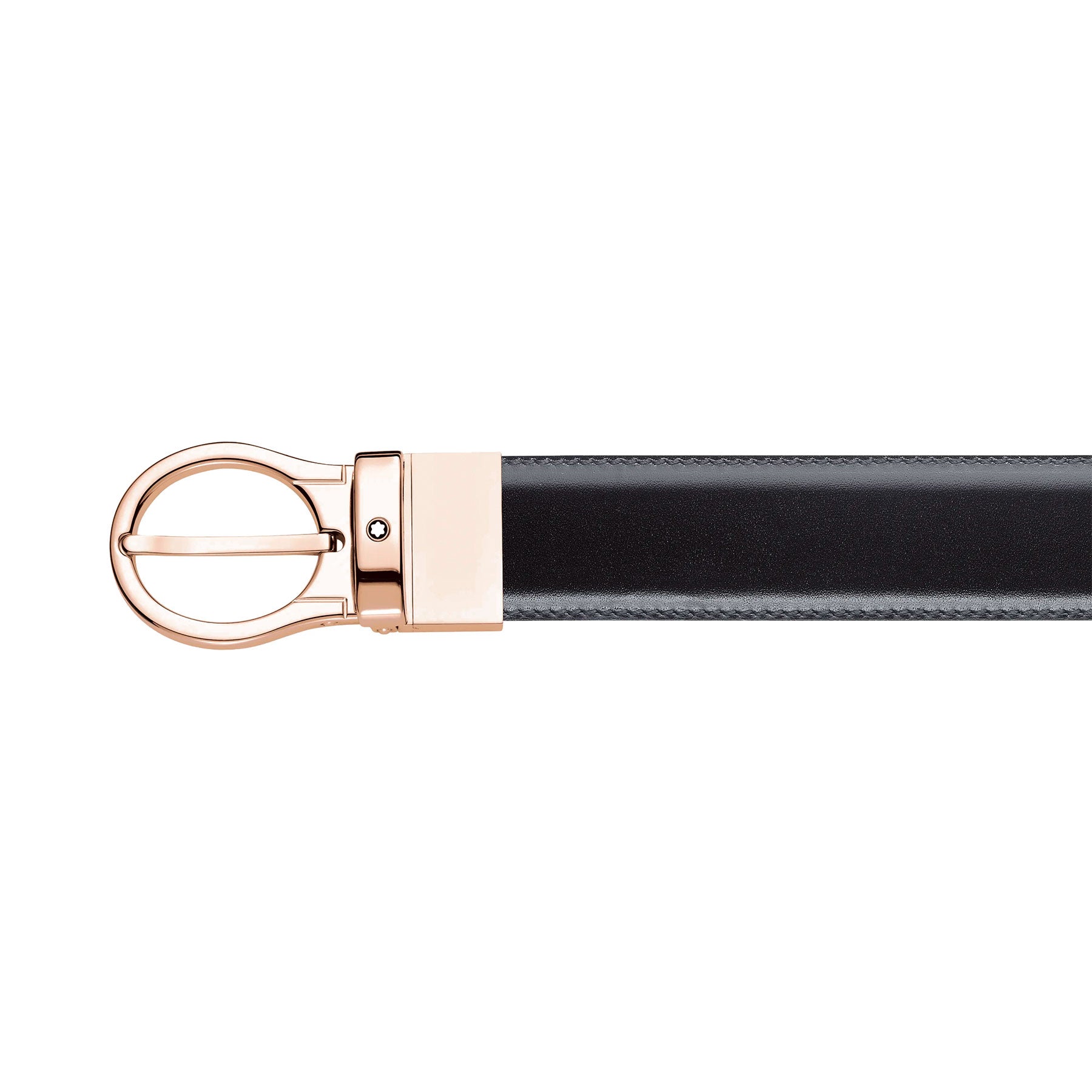 Introducing the Montblanc Reversible Black/Brown Leather Belt, featuring an oval pin buckle with a shiny rose-gold finish. The belt beautifully blends smooth and textured leather for a stylish and sophisticated look, adding a touch of elegance to your ensemble.