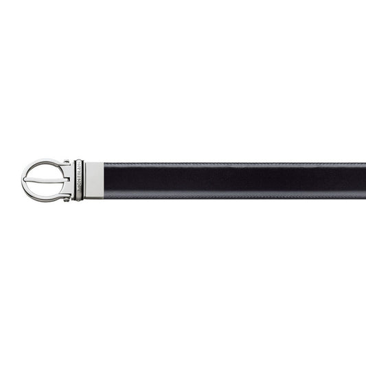 The Montblanc Classic Line Reversible Black/Brown Leather Belt features a polished silver buckle with an interlocking design. It is displayed horizontally against a white background, emphasizing its minimalist luxury.