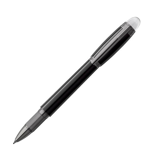 The Montblanc Starwalker Black Resin Platinum Plated Fineliner Pen is elegantly designed with a combination of black precious resin and platinum plating. Its sleek black body features a silver grip and tip, along with a rounded cap. Positioned diagonally against a white background, it proudly displays the distinctive StarWalker emblem subtly incorporated into its design.