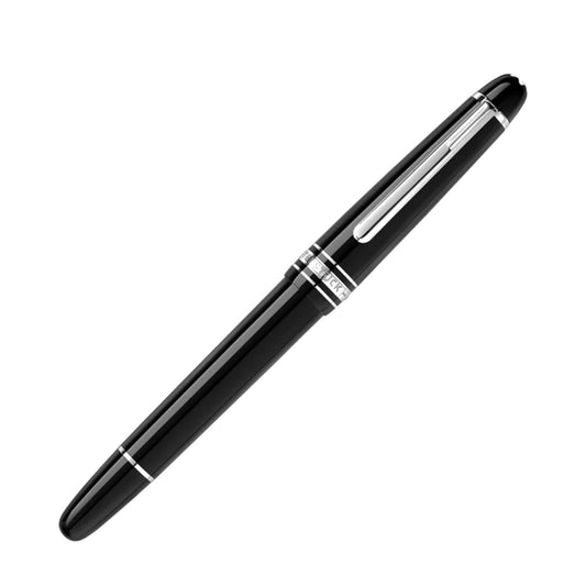 An elegant Montblanc Meisterstück Black Resin Platinum Plated Fountain Pen, featuring silver accents and a cap with a clip, exemplifies luxury writing. Positioned diagonally on a white background, it captures the essence of the Montblanc emblem.