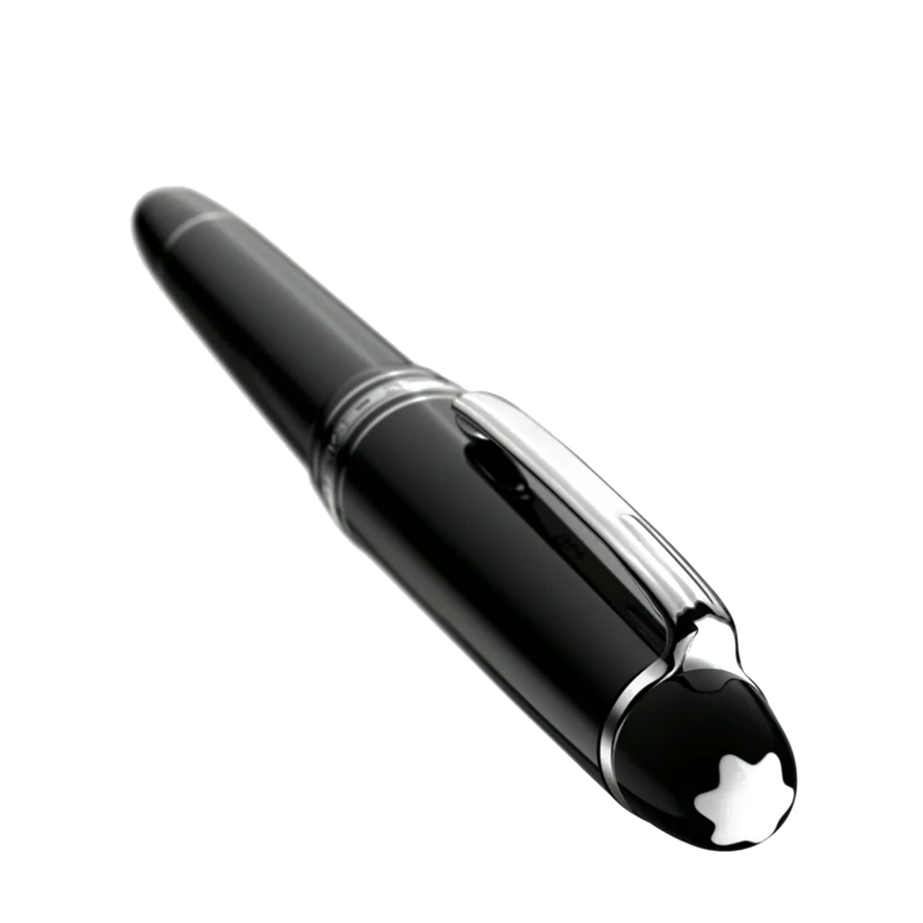 The Montblanc Meisterstück Black Resin Platinum Plated Fountain Pen, featuring a sleek black design with platinum accents and the signature Montblanc emblem on the cap, positioned slightly to the left on a simple backdrop, embodies luxury writing at its finest.