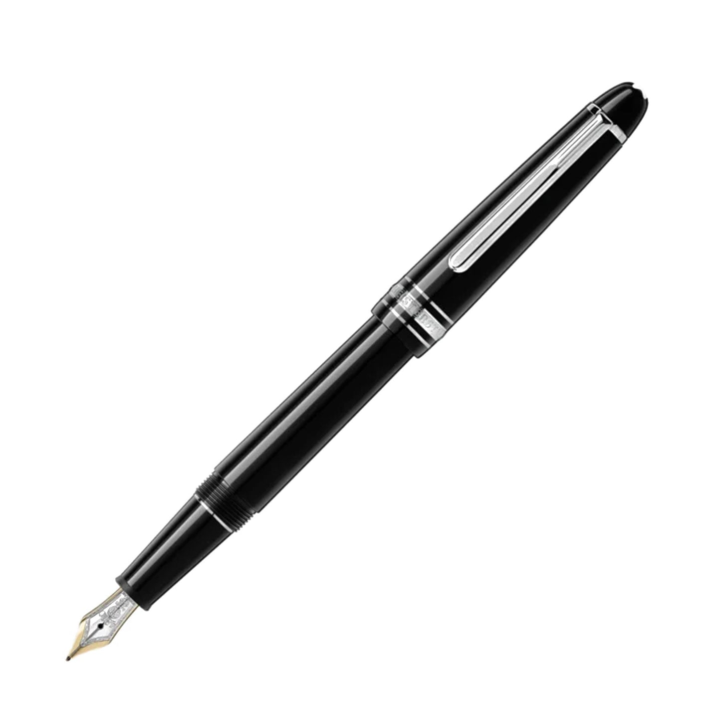 A Montblanc Meisterstück Black Resin Platinum Plated Fountain Pen, featuring a luxurious design with platinum-plated accents and a pointed nib, rests against a white background. The cap is attached to the back of the pen, highlighting the iconic Montblanc emblem.