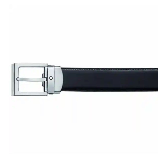 A stylish Montblanc reversible black leather belt featuring a lustrous palladium buckle is displayed on a white background.