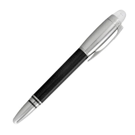 A Montblanc Starwalker Black Carbon Ballpoint Pen, featuring a sleek black and silver design with a glossy finish and pointed tip, is positioned diagonally on a white background. Its silver clip and accents exude precision engineering, providing a sophisticated appearance.