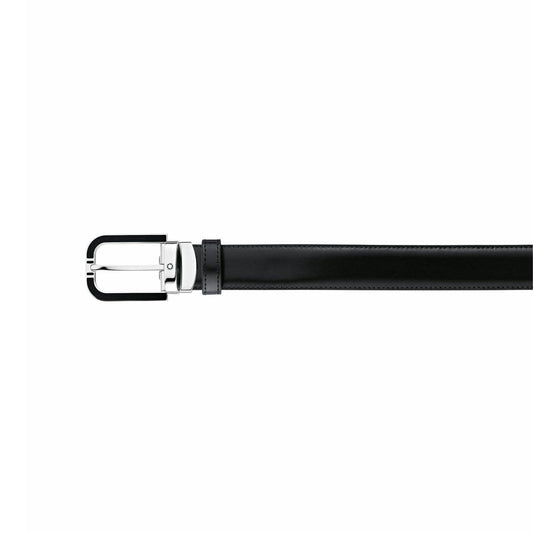 A side view of the Montblanc Black Leather Belt, showcasing its shiny silver buckle against a white background.