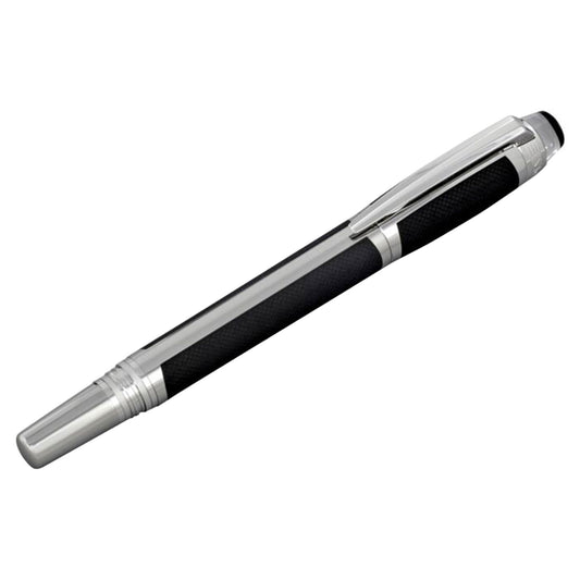 Set against a plain white background, the Montblanc StarWalker Extreme Black Platinum Plated Fountain Pen boasts a sleek black and silver design with a textured grip, rhodium-plated nib, and a stylish clip on the cap.