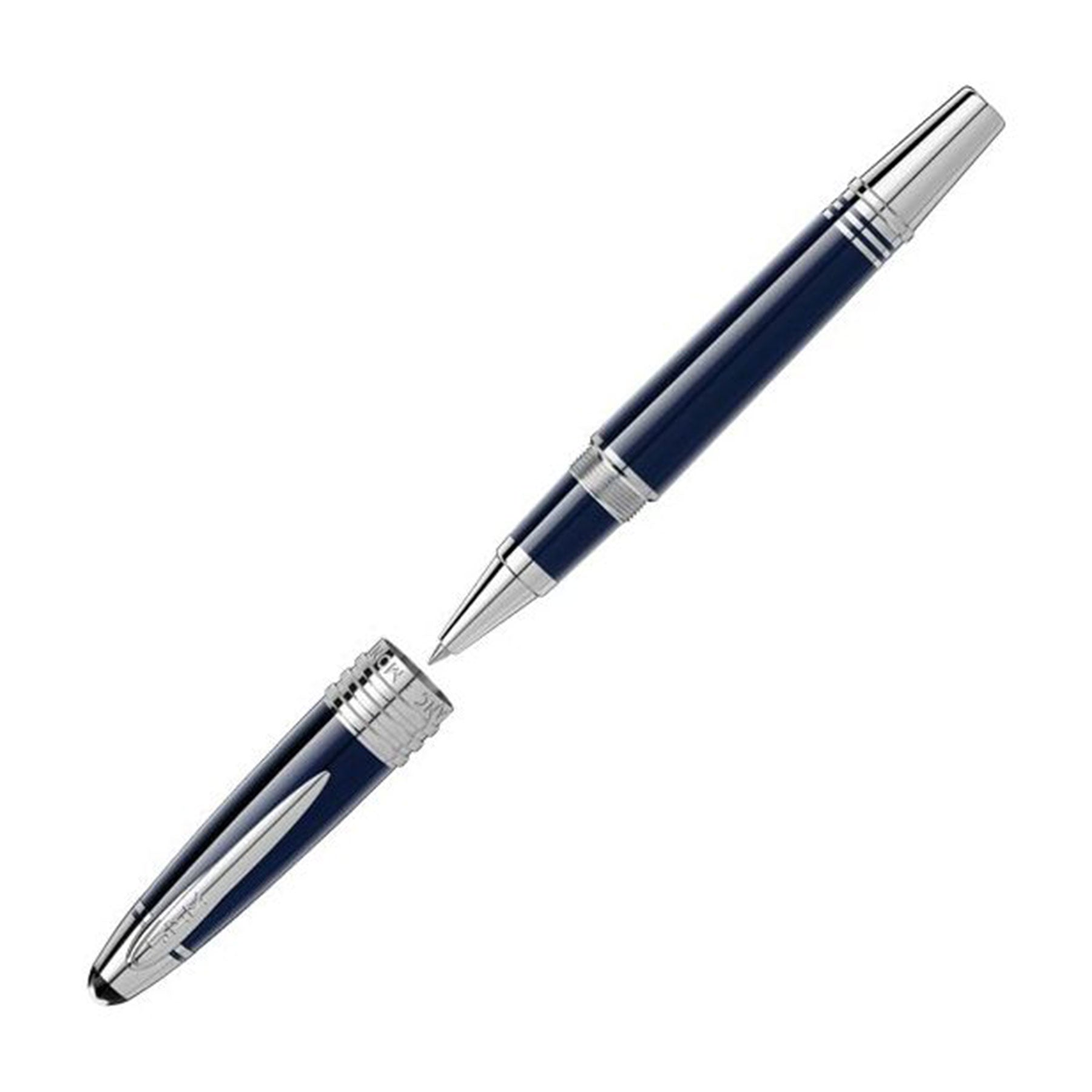 A sleek, navy and platinum rollerball pen with the cap removed lies on a plain white background. This Montblanc JFK Limited Edition piece features a glossy finish, platinum-plated accents, and the iconic Montblanc emblem, reminiscent of elegance akin to John F. Kennedy's timeless style.