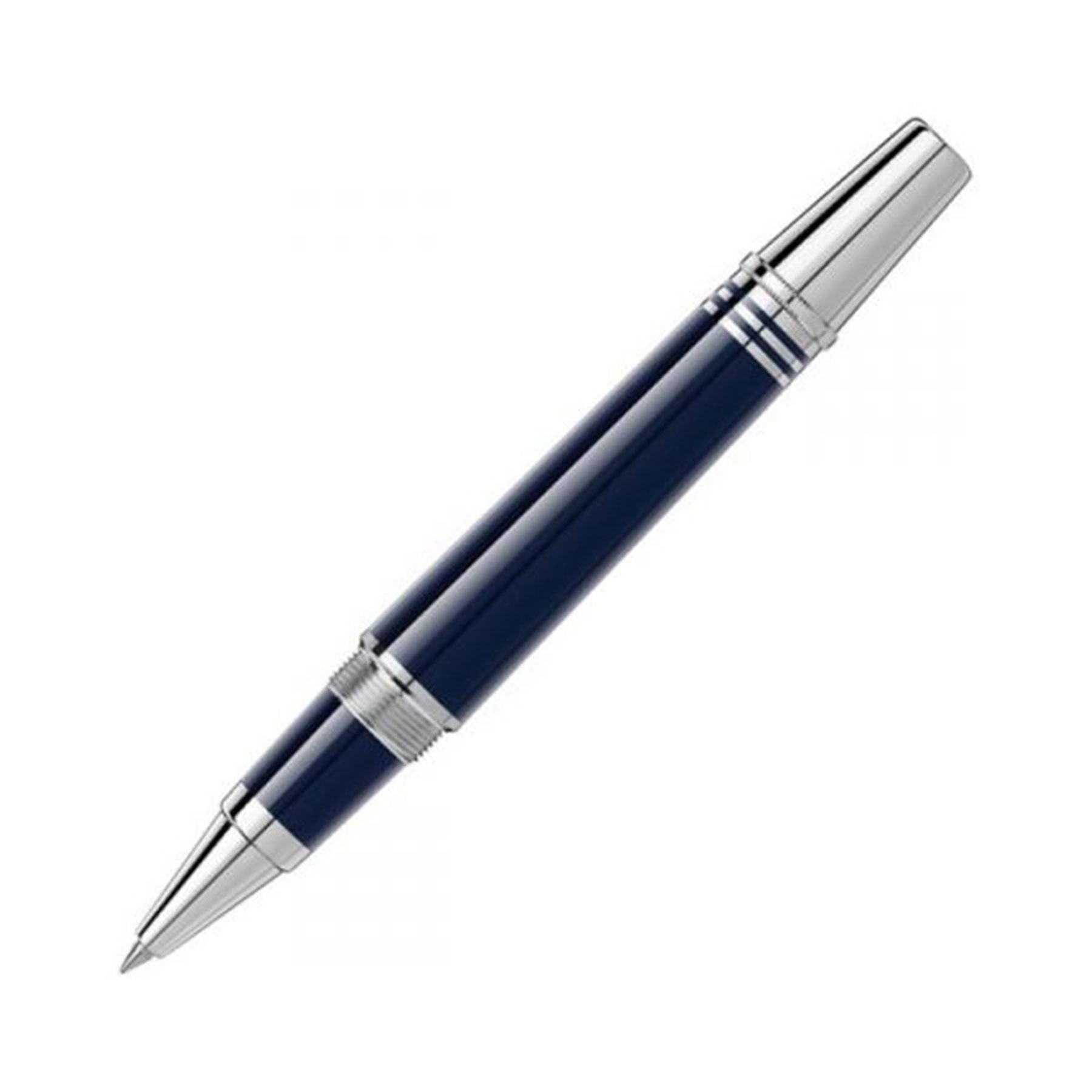 A sophisticated Montblanc JFK Limited Edition Navy Resin Platinum Plated Rollerball Pen, featuring a glossy cap and tip with the renowned Montblanc emblem, displayed against a white background.
