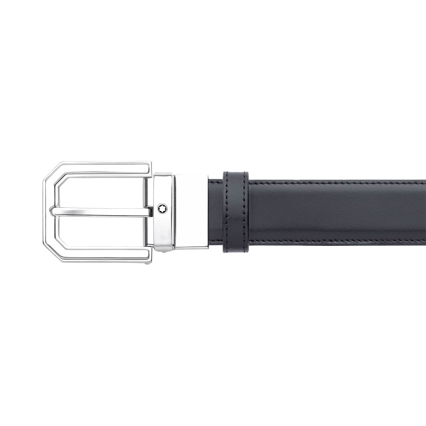 The Montblanc Black Leather Belt features a sleek black leather and a shiny silver buckle with a rectangular prong. Its modern, minimalist design complements various outfits, making it a versatile accessory. It is showcased elegantly against a plain white background.