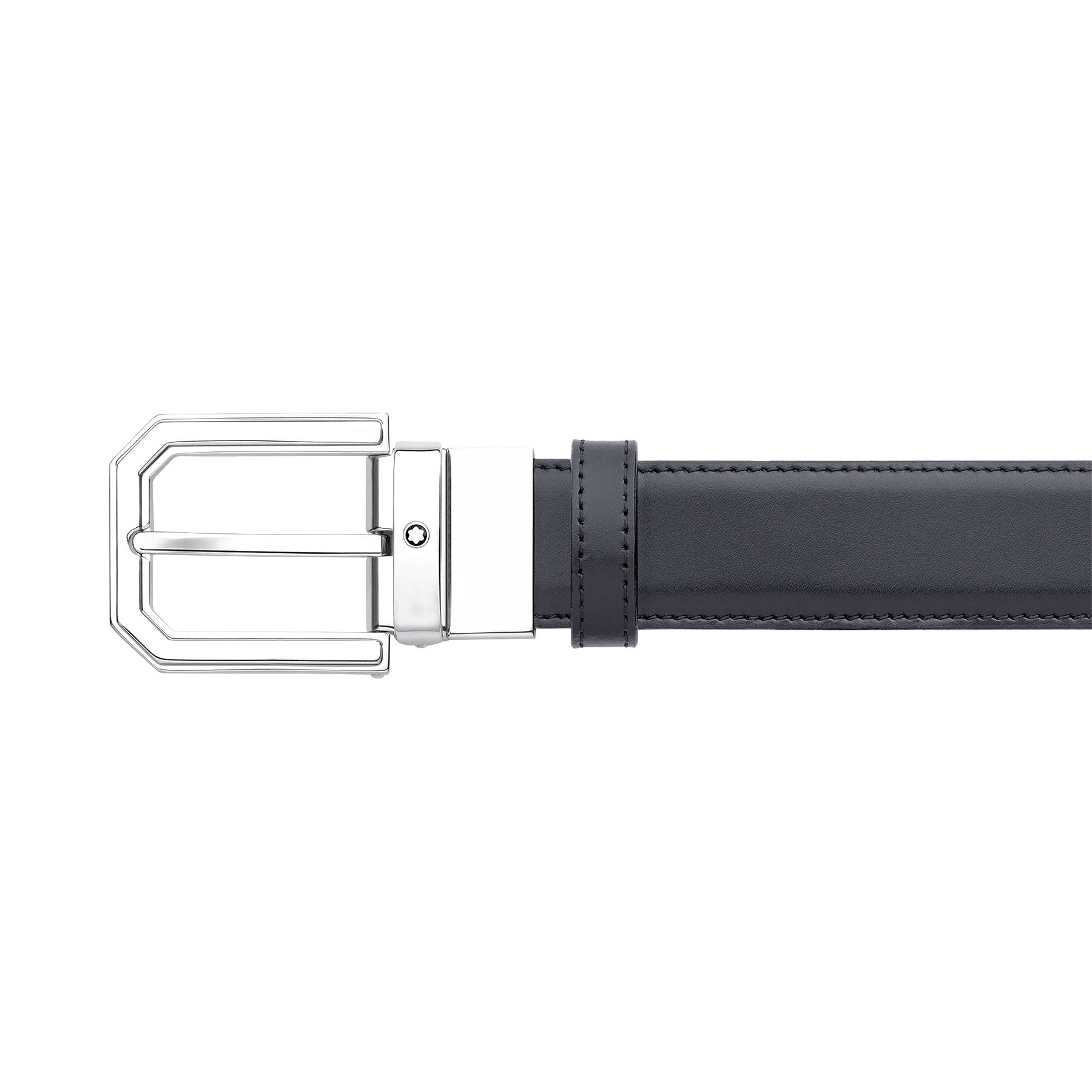 The Montblanc Black Leather Belt features a sleek black leather and a shiny silver buckle with a rectangular prong. Its modern, minimalist design complements various outfits, making it a versatile accessory. It is showcased elegantly against a plain white background.