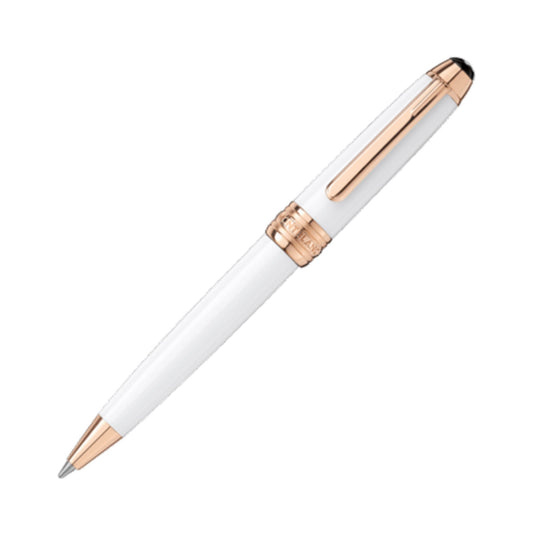 This elegant Montblanc Meisterstück White Solitaire Hommage à W.A. Mozart Ballpoint Pen features luxurious rose gold-coated trim, a clip, and a decorative band near the top. It boasts a polished finish, epitomizing sophistication and style.