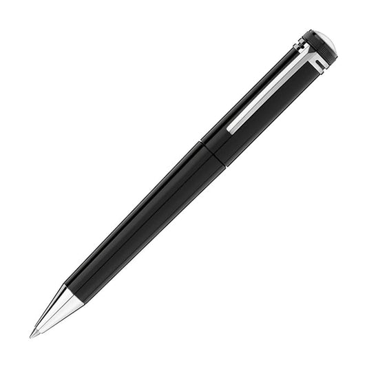 An elegant Montblanc Meisterstück Heritage Collection 1912 Black Resin Capless Rollerball Pen, showcasing silver accents with a shiny clip and a tapered tip, set against a plain white background.