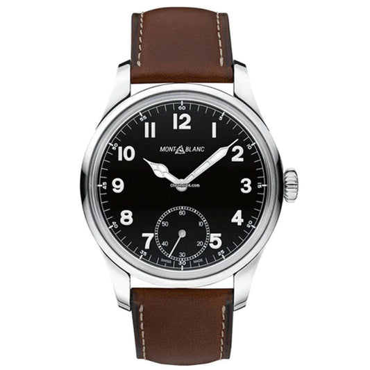 As part of the Montblanc 1858 collection, the Montblanc 1858 Manual Small Second Wind 44mm Watch features a sophisticated black dial with silver accents, white numerals, and a small seconds sub-dial positioned at 6 o'clock. Its silver metal case is elegantly paired with a brown leather strap, making it an ideal choice for vintage watch enthusiasts.