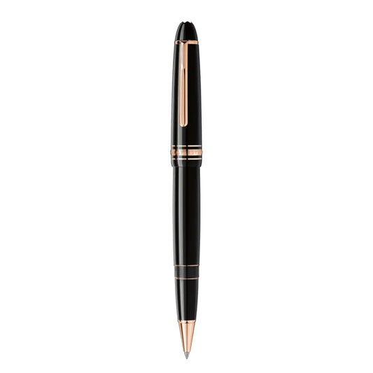 A stylish Montblanc Meisterstück Classique Le Grande Black Resin Rosé Gold Plated Ballpoint Pen is displayed vertically against a plain white background, showcasing its sleek black design and elegant rosé gold accents on the clip, cap, and tip.