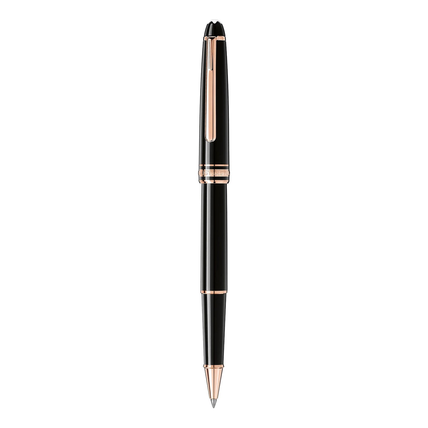 A sophisticated Montblanc Meisterstück Rose Gold Coated Rollerball Pen crafted from black precious resin, featuring an elegant shiny finish with luxurious rose gold accents and a clip, set against a plain white background.