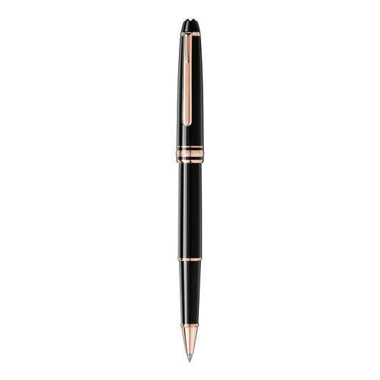 A sophisticated Montblanc Meisterstück Rose Gold Coated Rollerball Pen crafted from black precious resin, featuring an elegant shiny finish with luxurious rose gold accents and a clip, set against a plain white background.