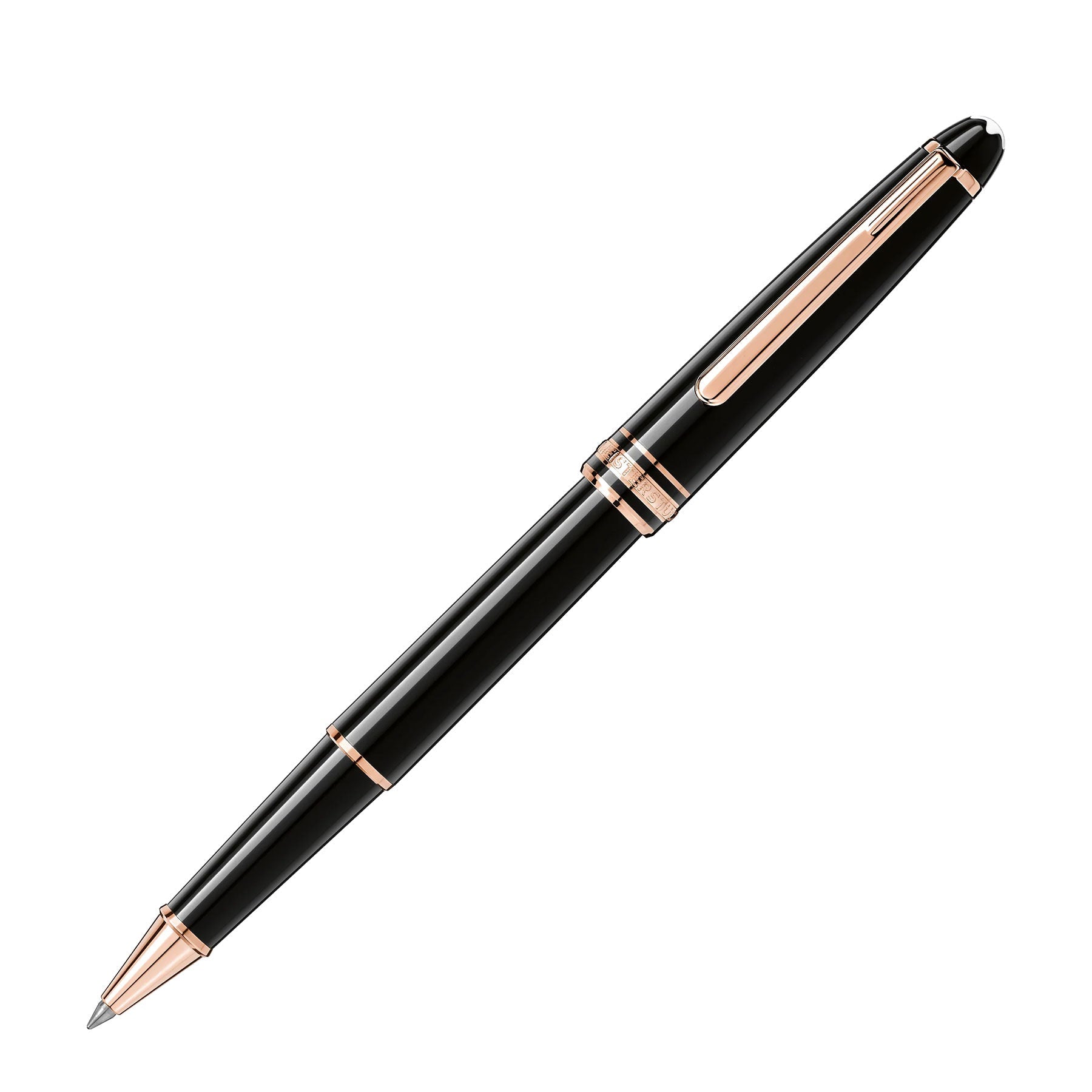 An elegant black Montblanc Meisterstück Rose Gold Coated Rollerball Pen, made from black precious resin and highlighted with rose gold accents. This pen features a cap clip and a shiny metallic tip, showcasing the luxurious and minimalist design characteristic of Montblanc's sophisticated writing instruments against a plain white background.