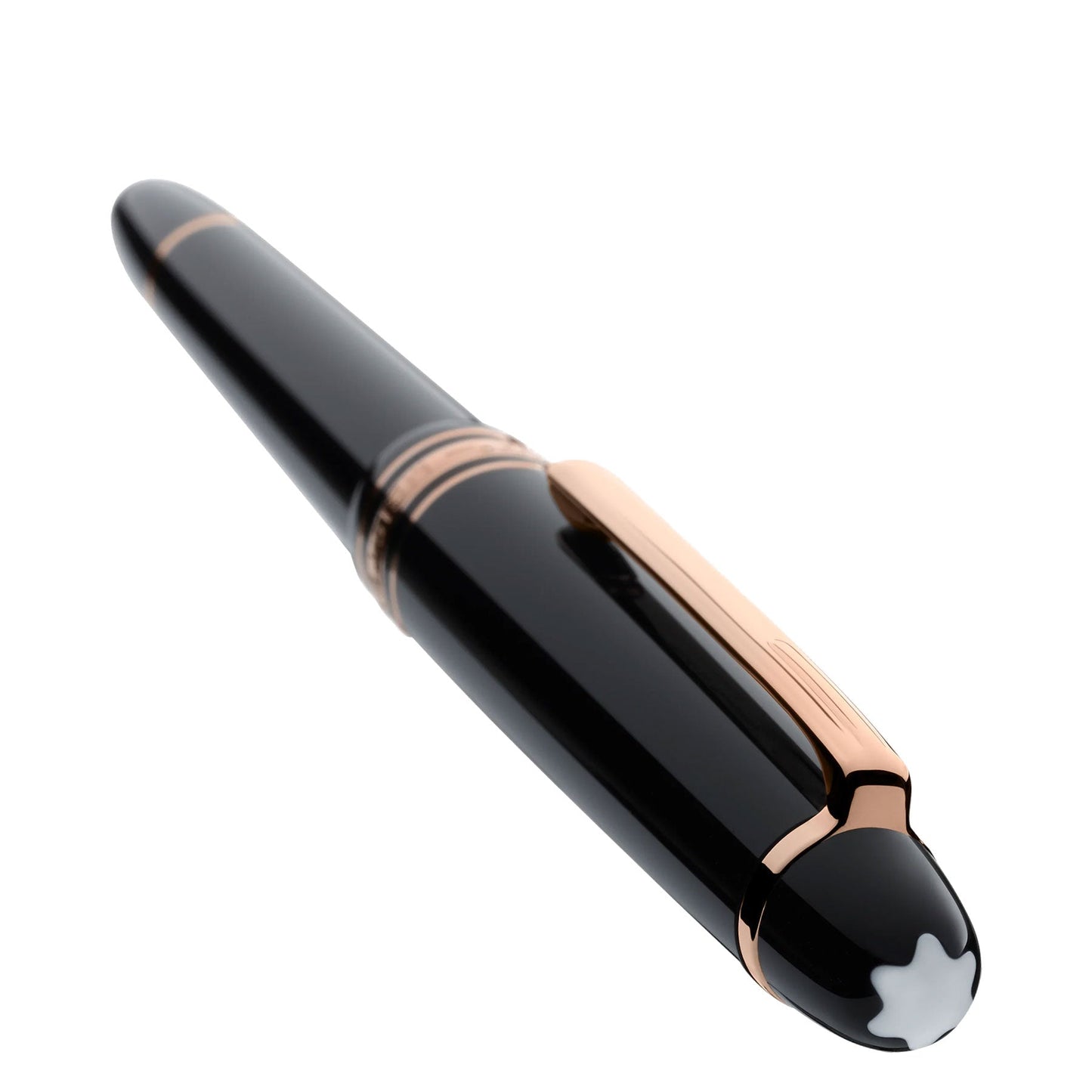 A sophisticated Montblanc Meisterstück Rose Gold Coated Rollerball Pen crafted from black precious resin with rose gold accents and a white star emblem on the cap epitomizes luxury writing. Resting on a white background, this exquisite piece from Montblanc exudes timeless elegance.