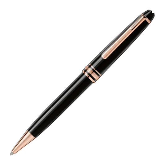 A luxurious Montblanc Meisterstück Black Resin Rose Plated Ballpoint Pen, crafted from precious resin in a sleek black design with rose gold accents at the tip and center band. Featuring a glossy finish and a clip on the cap, it is elegantly positioned diagonally on a white background, exuding an upscale writing appeal.