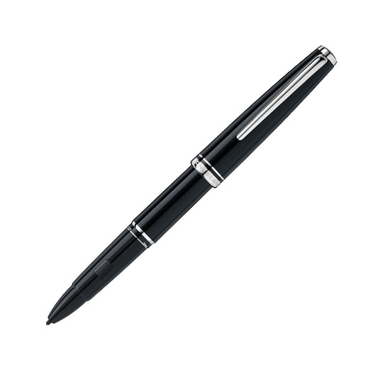 A sleek Montblanc Cruise Collection Black Screenwriter Rollerball Pen, crafted with precious resin and shiny silver accents. The pen is angled diagonally against a white background, showcasing its elegant design and smooth finish, reminiscent of a Montblanc screenwriter's favorite tool.
