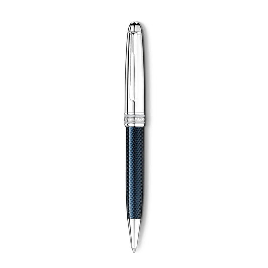 A detailed image of the Montblanc Meisterstück Solitaire Doue Blue Hour Classique Ballpoint Pen, featuring a textured dark blue barrel, platinum-coated fittings, and a sleek clip against a white background, exuding the elegance associated with Montblanc's Blue Hour collection.