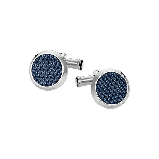Montblanc Meisterstuck Stainless Steel cufflinks featuring round, textured blue circular inlays and a sleek, modern design.