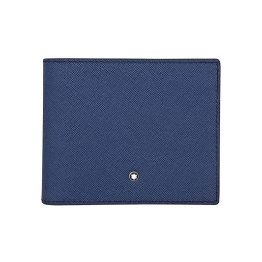 The Montblanc Blue Sartorial Leather Wallet, made by Montblanc, is crafted from full-grain calfskin leather. It features a textured finish and a small circular logo on the lower front center. This wallet boasts a sleek, minimalist design with convenient credit card slots for easy access.