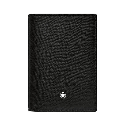 An upright black textured calfskin leather business card holder from Montblanc is displayed. It showcases a small round white logo near the bottom center, complementing the elegant pattern of the material.